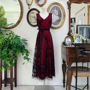 Coldwater Creek Burgundy Maxi Dress with Black Embroidered Overlay
